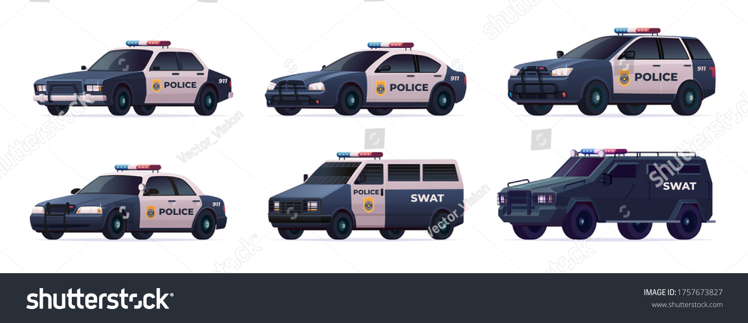 SVG of Collection of police cars of various types. City urban police car, van, suv, pursuit and swat truck svg