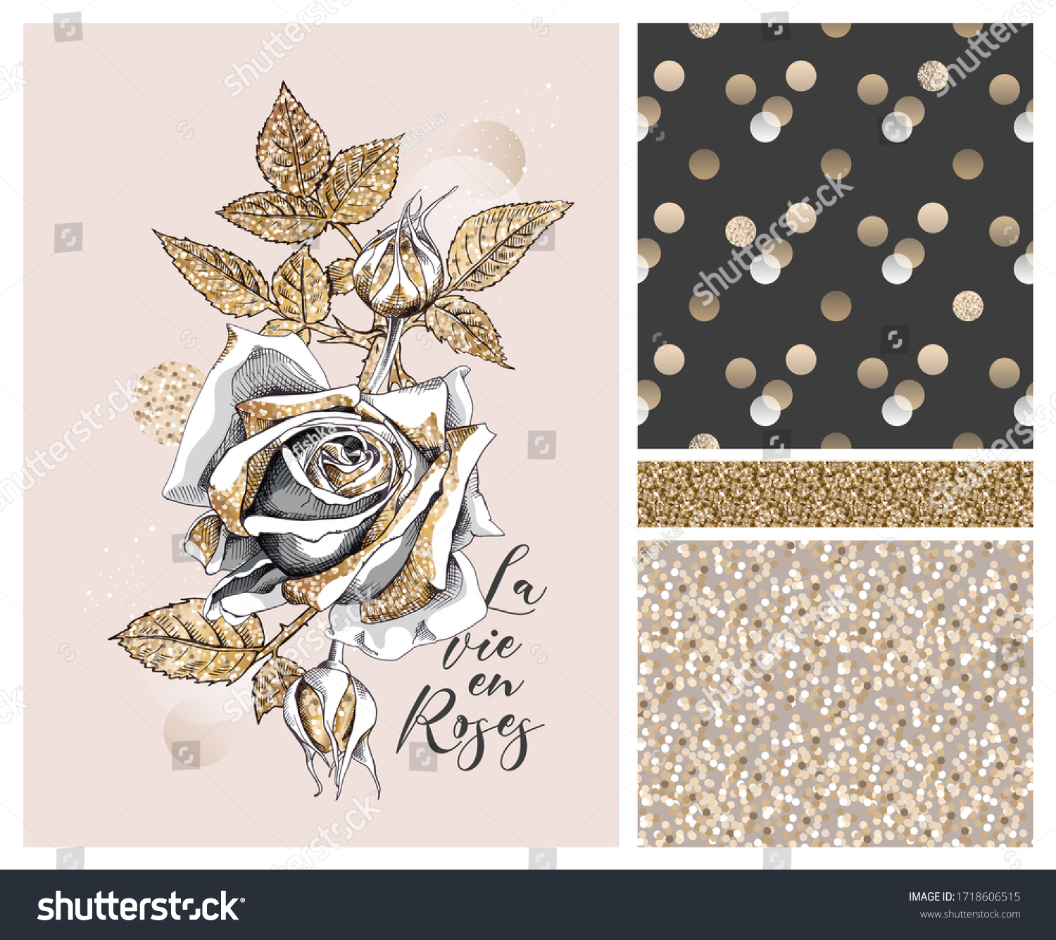 SVG of Collection of print and seamless textures. Gold glitter Rose flower, buds and leaves. La vie en roses (French) - lettering quote.Textile composition, hand drawn style print. Vector illustration. svg