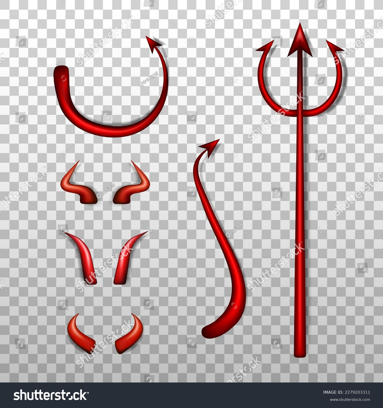 SVG of Collection of realistic 3d devil costume elements - red bloody trident, glossy horns various shape and different demon tails on transparent background. Satan decoration, Monster carnival element.  svg