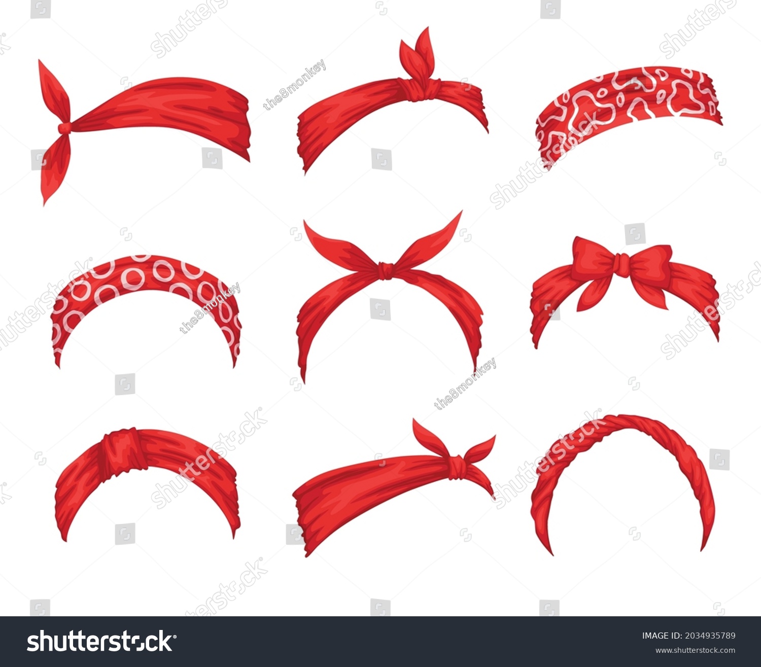 SVG of Collection of retro headbands for woman. Mockups of decorative hair knott. Red bandana windy hair dressing. Tied handkerchief for hairstyles svg