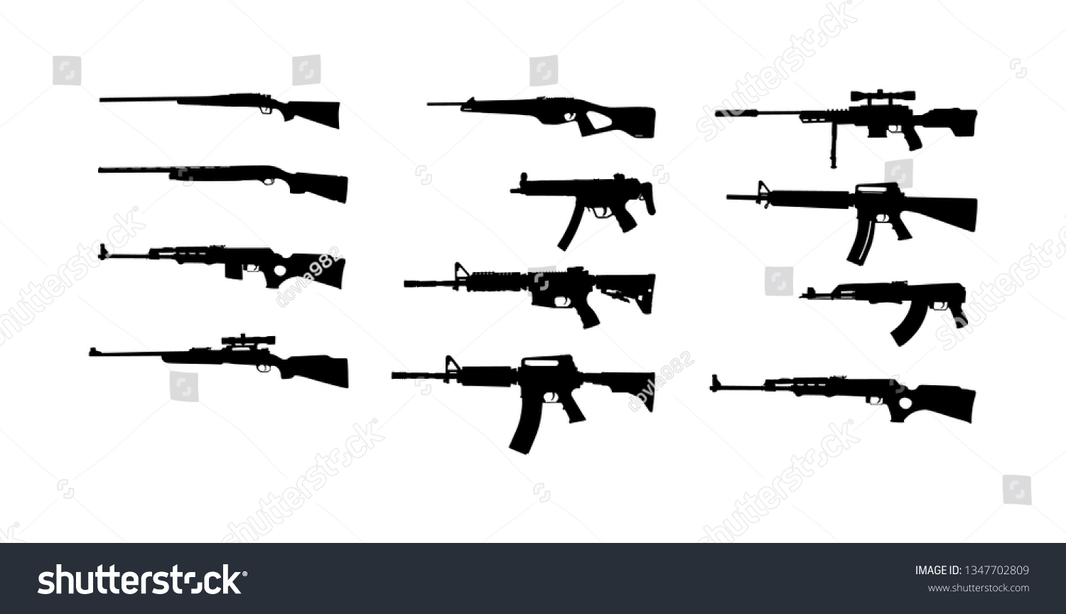 白い背景にライフルのベクターシルエットイラストのコレクション スナイパーライフルのシンボルシルエット 半自動 カービン 軍隊と警察の武器 散弾銃と銃セット 強力な致命傷 のベクター画像素材 ロイヤリティフリー
