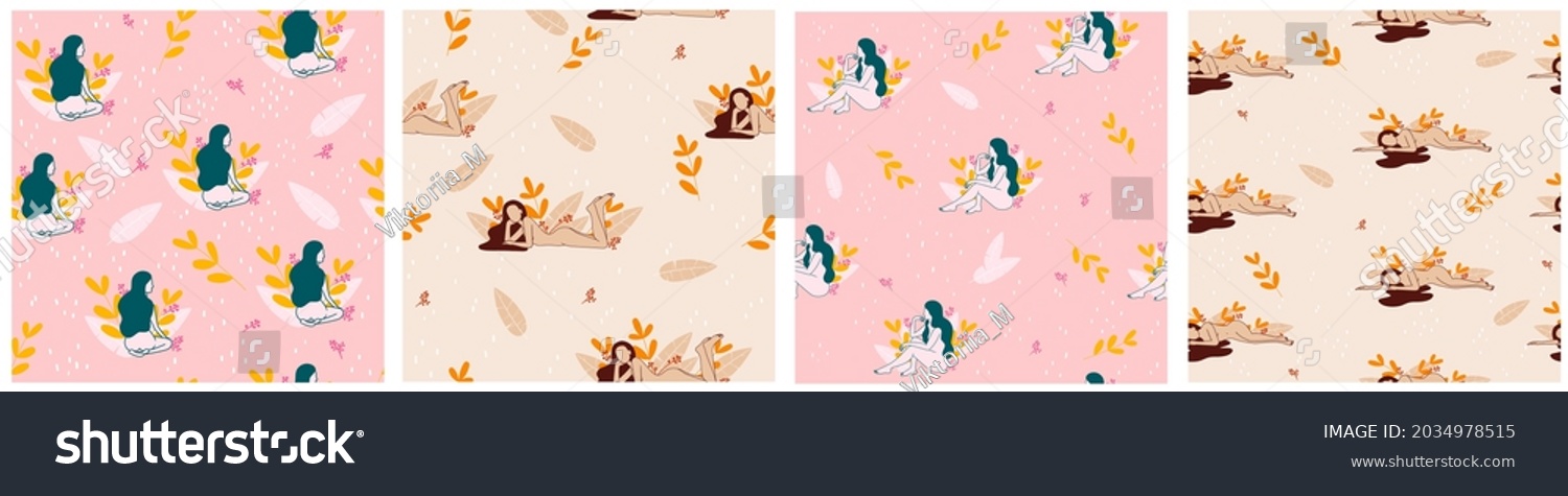 Collection Seamless Pattern Naked Woman Various เวกเตอรสตอก ปลอดคา