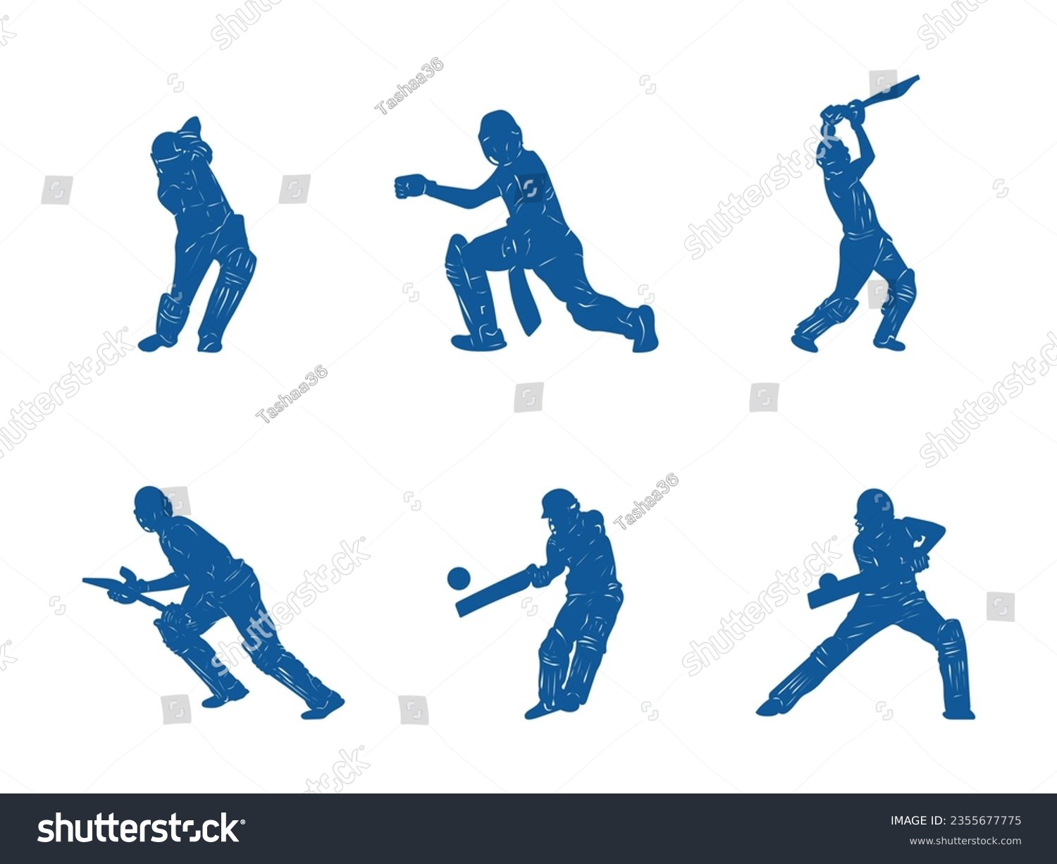 SVG of Collection of silhouettes of cricket players, batsmen, cricket elements. svg