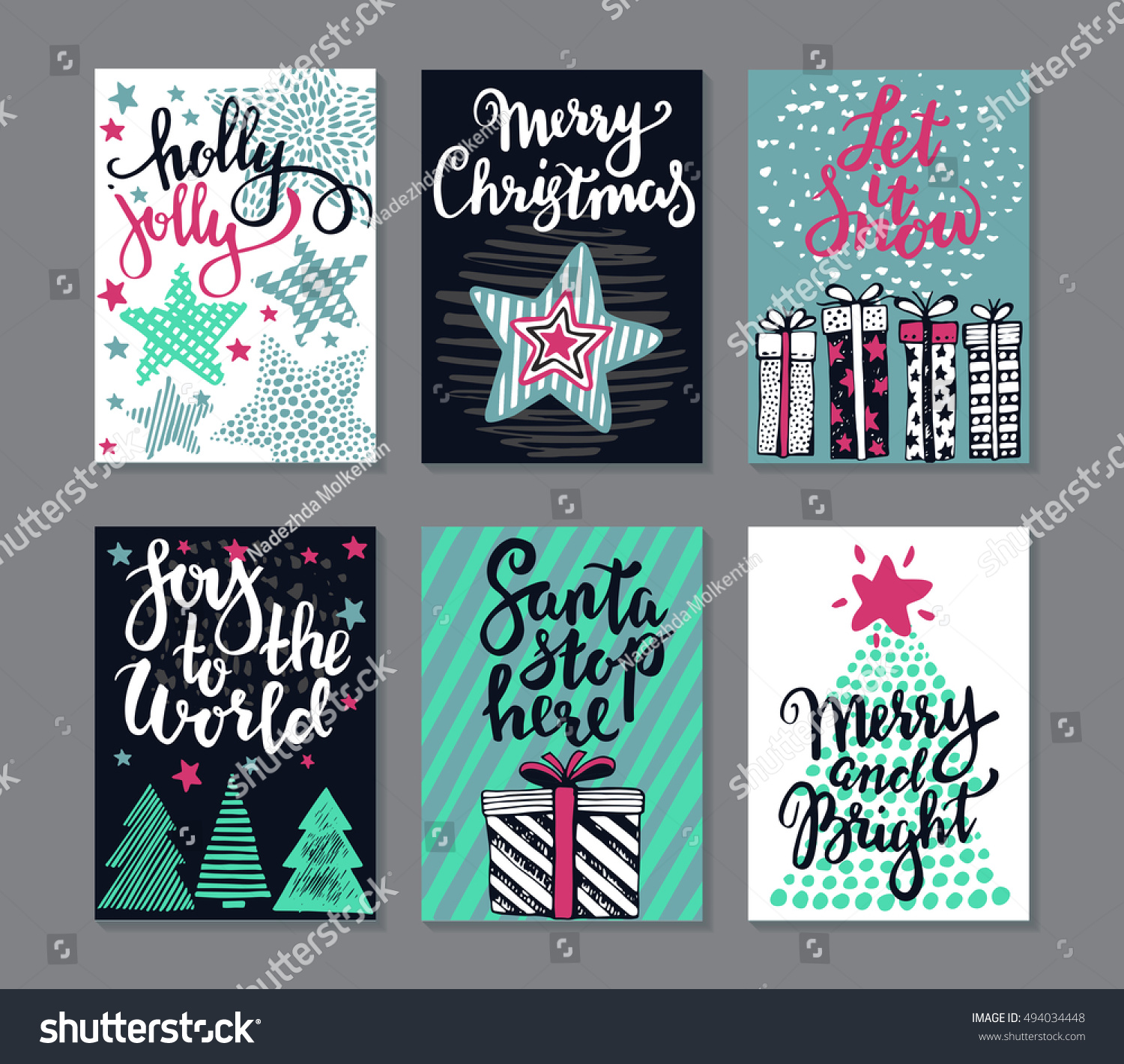 Collection of six Christmas cards Greeting card set with hand drawn xmas tree presents