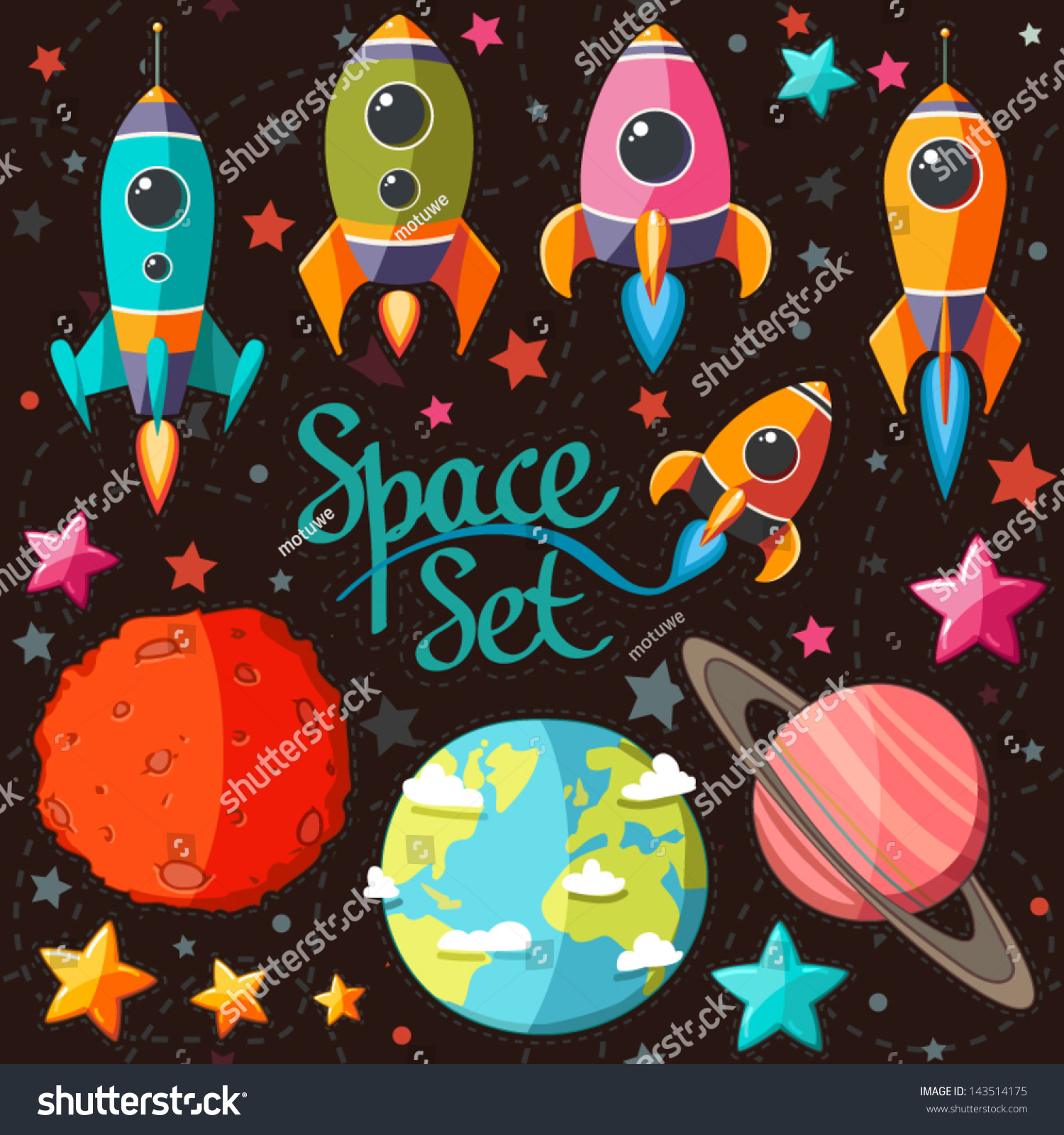 Collection Spaceship Planets Stars Seamless Background Stock Vector ...