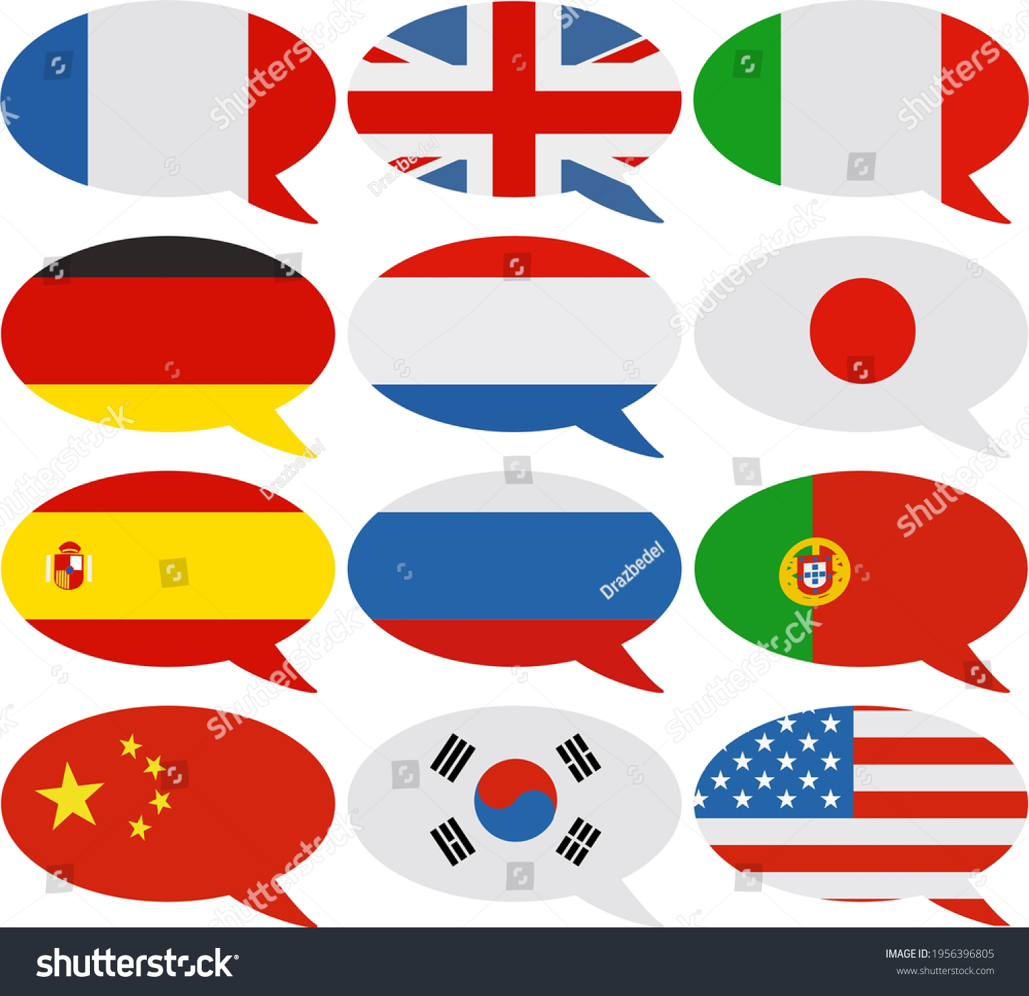 SVG of Collection of speech bubbles defining a language with the country flag (flat design) svg