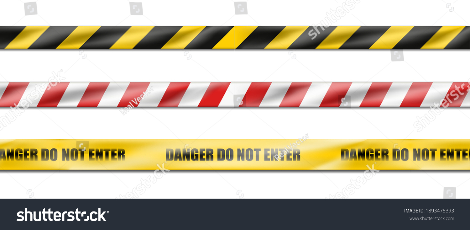 SVG of collection of three 3d realistic vector hazard white and red striped ribbon, caution tape of warning signs for crime scene or construction area in yellow.  Isolated on white background. svg