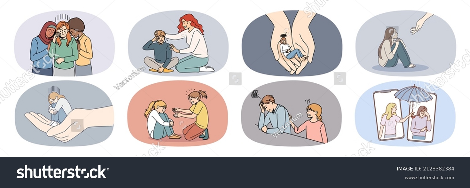 SVG of Collection of unhappy stressed people feel depressed get help from friend or relative. Set of upset person suffer from depression receive support and care. Feeling supportive. Vector illustration.  svg