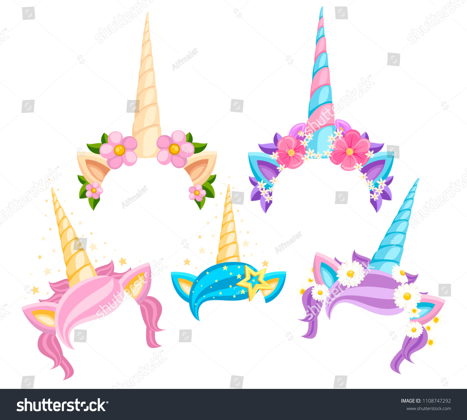 SVG of Collection of Unicorn tiaras with flowers and leaf. Vector fashion accessory headband. Vector illustration isolated on white background. svg