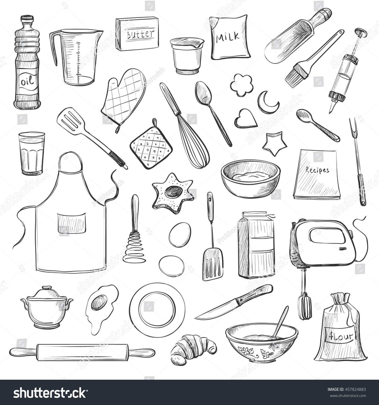 Collection Vector Drawings Kitchen Utensils Ingredients Stock Collection Vector Drawings Kitchen Utensils Ingredients Stock