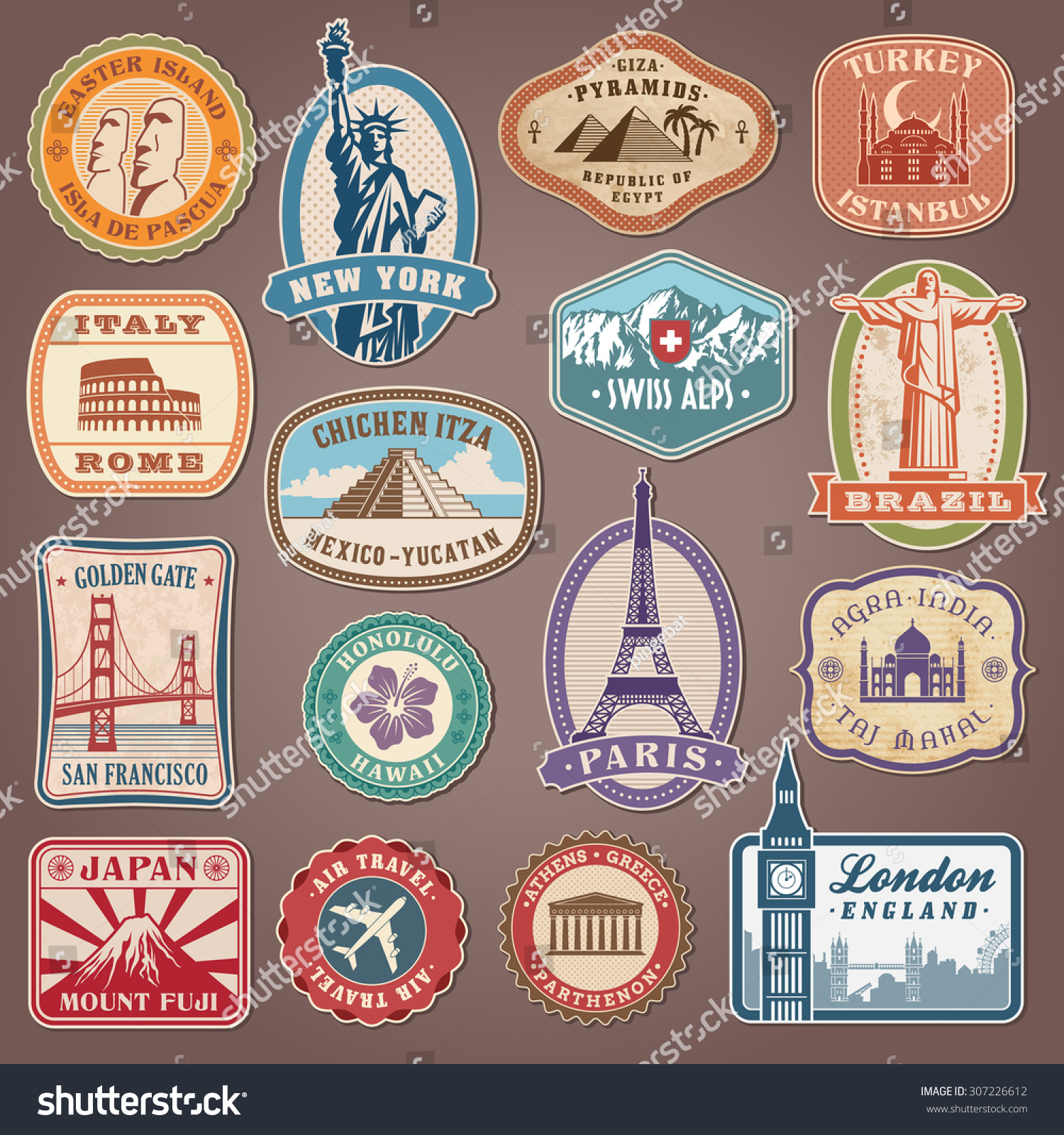 Collection Vector Labels Famous Monuments Landmarks Stock Vector ...