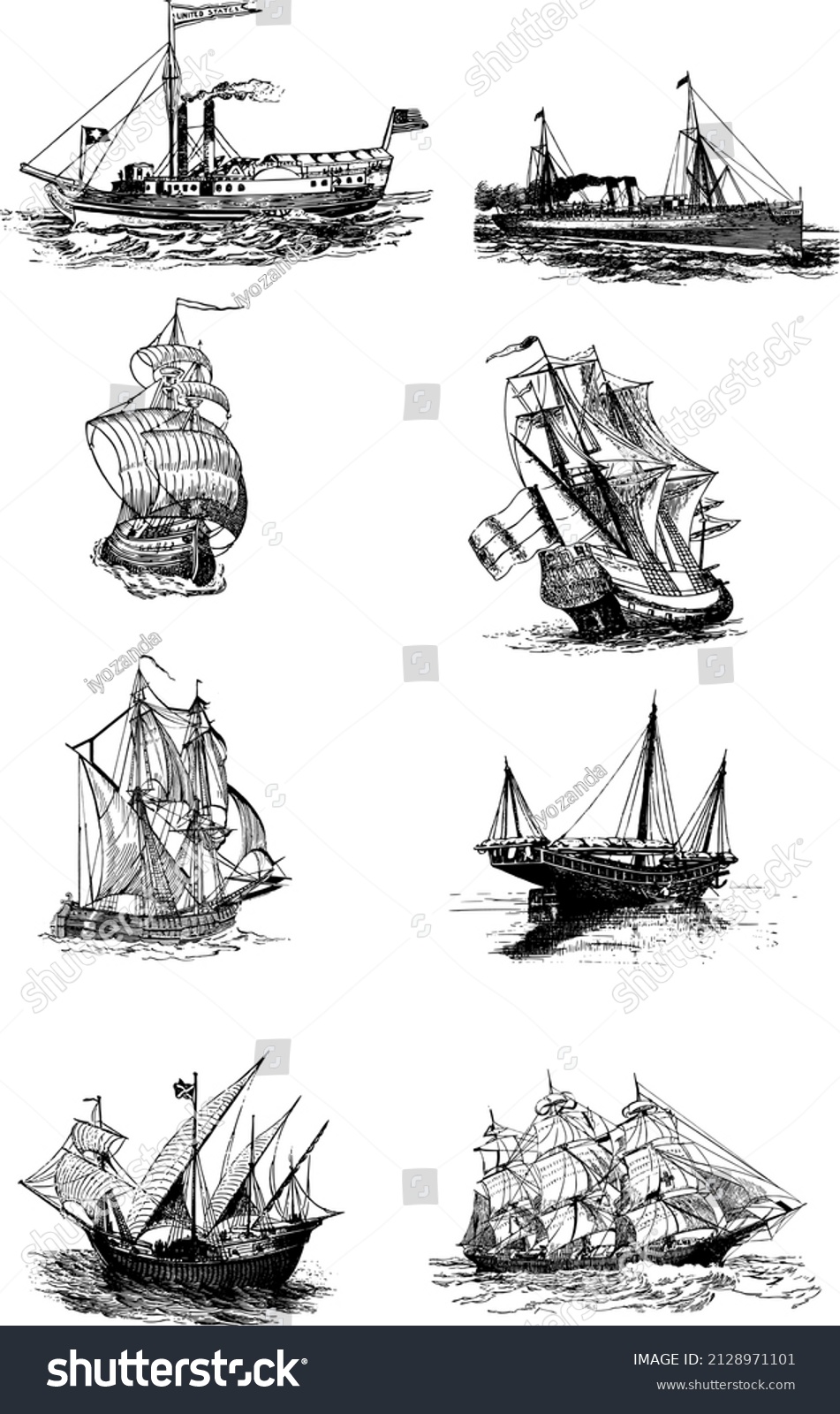 Collection Vintage Sail Steam Ship Outline Stock Vector (Royalty Free ...