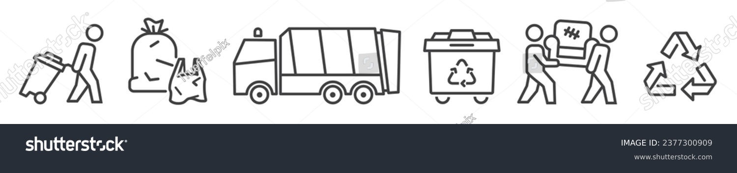 SVG of Collection of waste disposal and solid waste management - garbage, bulky waste, Garbage truck, recycling and more - vector editable thin line icons on white background svg