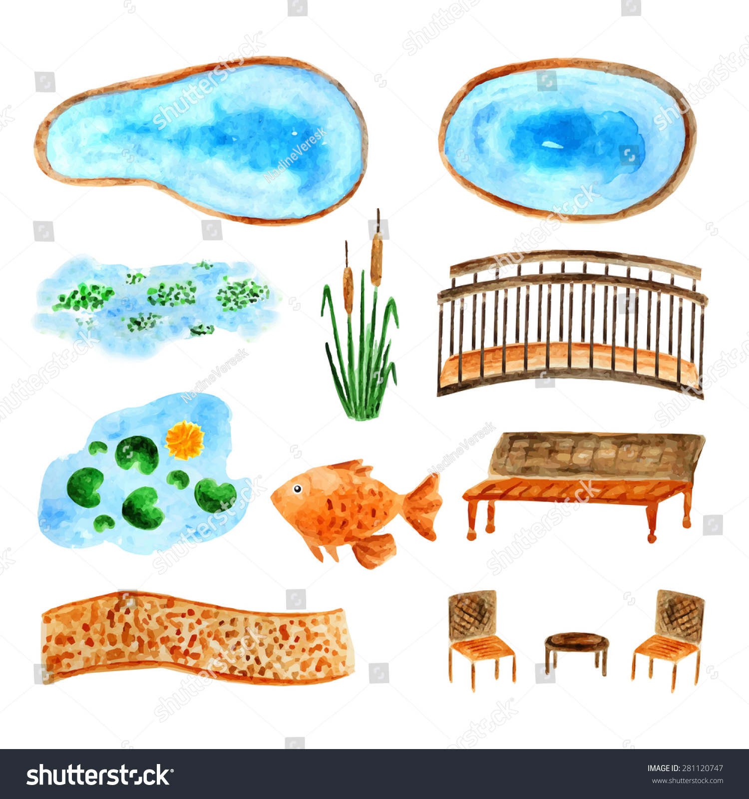SVG of Collection of watercolor landscape elements, pools, water plants, garden furniture svg