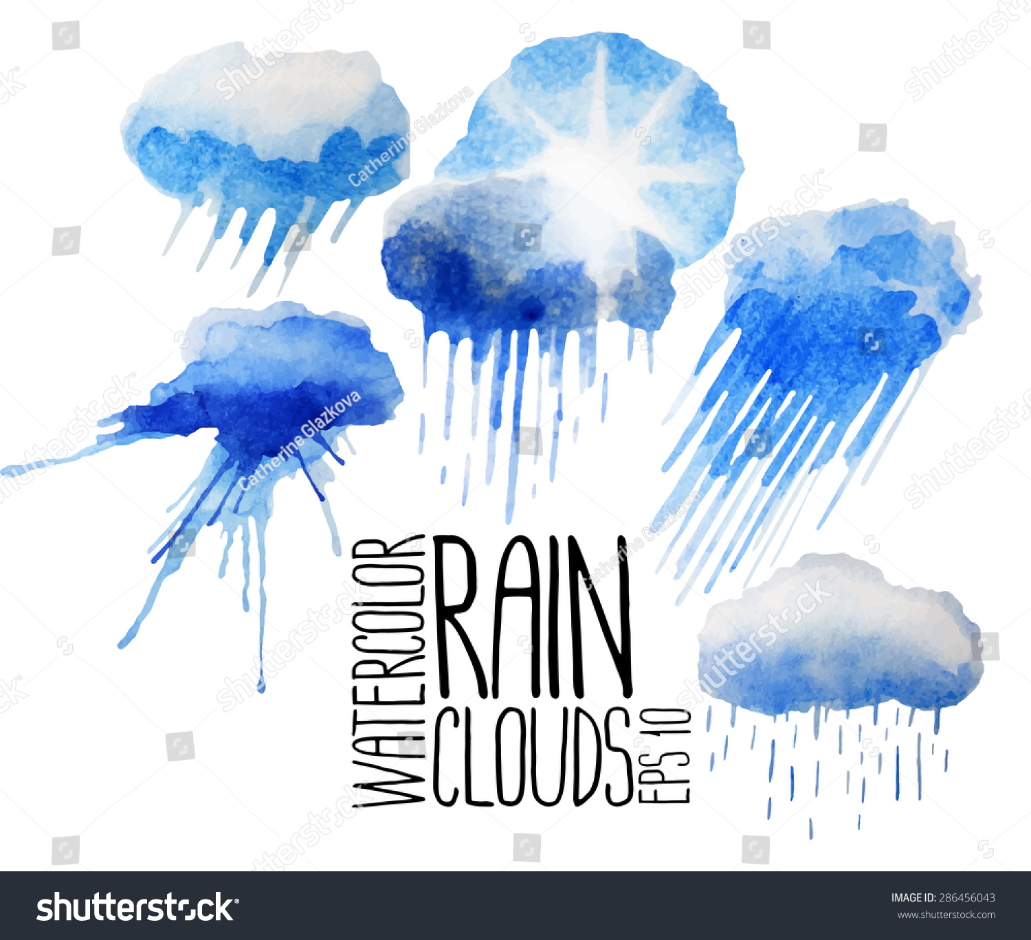 Collection Of Watercolor Rain Clouds. Vector Design Elements Isolated ...