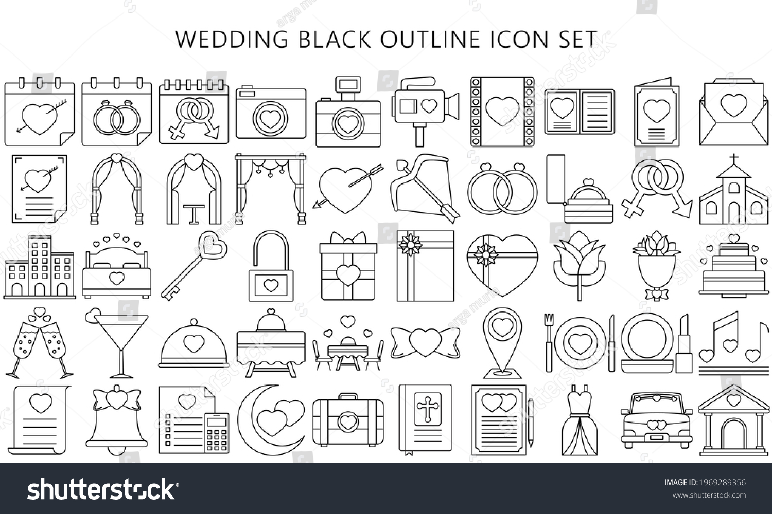 SVG of Collection of wedding thin black outline icons set, include decorations, invitation, heart, love and others. Used for modern concepts, web and apps. eps 10 ready convert to svg svg