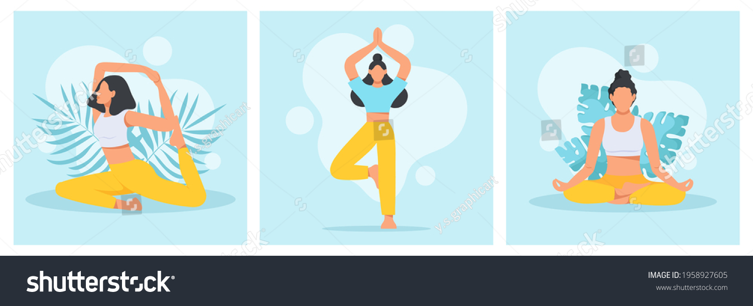SVG of Collection of young women in yoga position. Physical and spiritual practice. The concept of yoga, meditation and relax. Health benefits for the body, mind and emotions. Flat vector illustration. svg