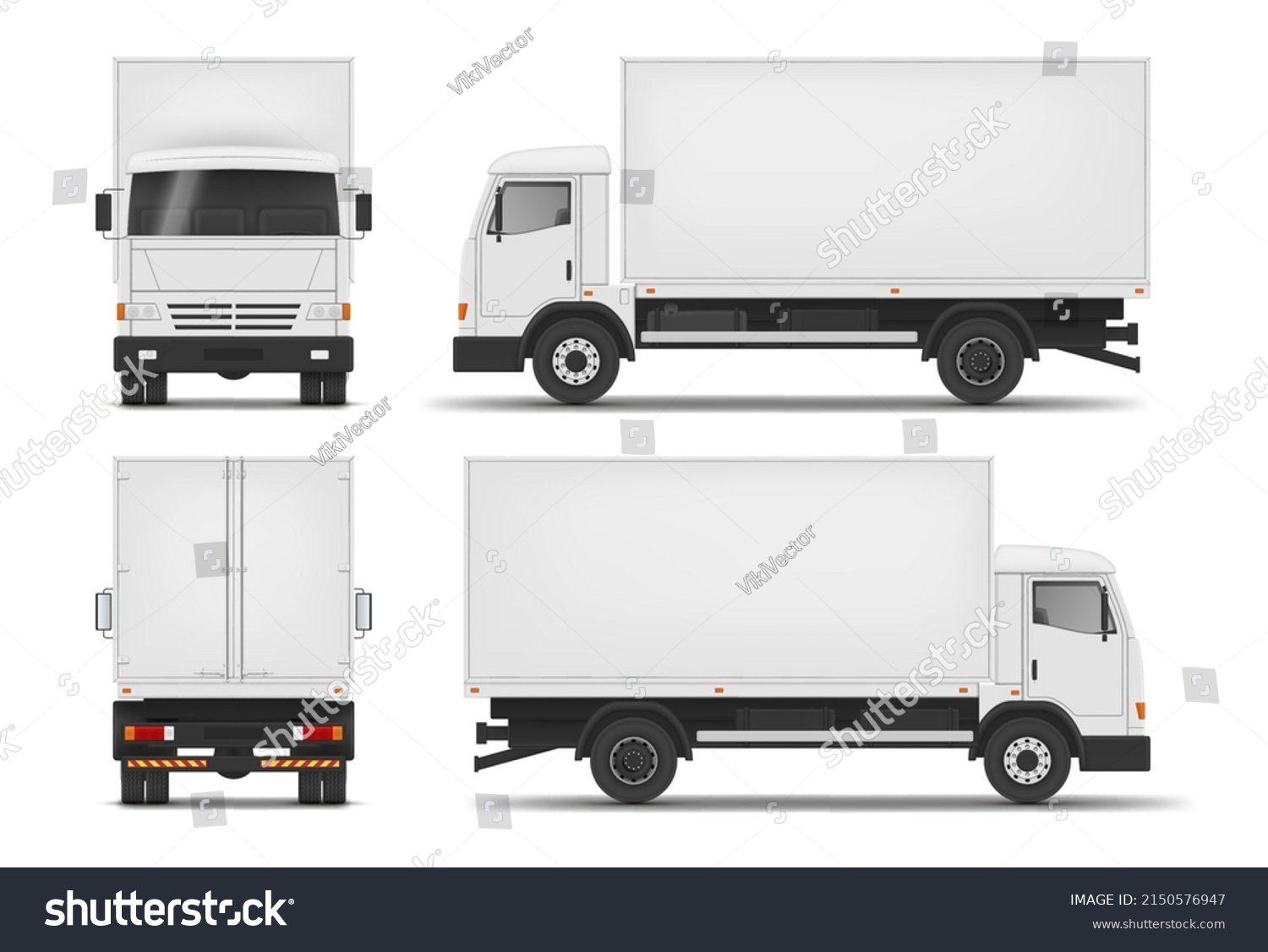 SVG of Collection realistic light truck front back and side view vector illustration. Set lorry van with box cargo logistic transportation service. Commercial freight delivery industrial machinery vehicle svg