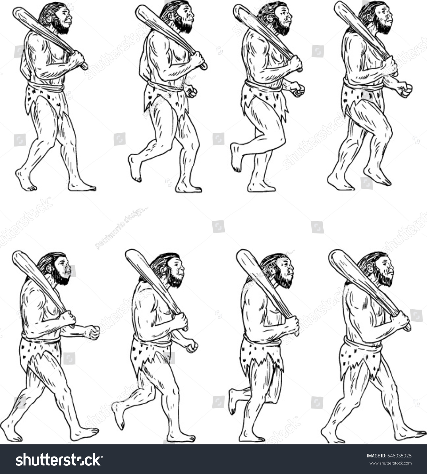 SVG of Collection set of illustrations of a neanderthal man or caveman holding a club on shoulder walking showing a walk cycle viewed from the side.  svg