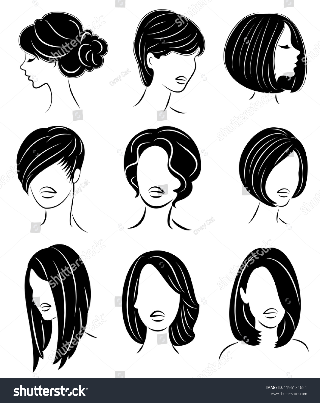 コレクション 美しい女性の頭のシルエット 女の子は 長髪 中髪 短髪の女性の髪型を示す ロゴ 広告に適しています ベクターイラストのセット のベクター画像素材 ロイヤリティフリー