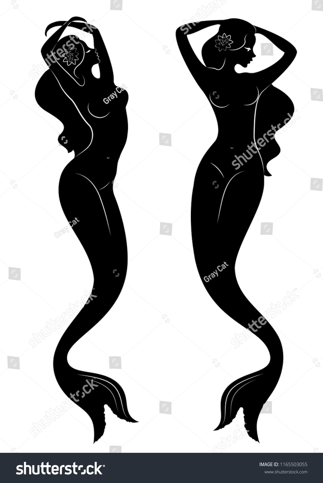 Collection Silhouette Mermaid Girls Swimming Beautiful Stock Vector ...