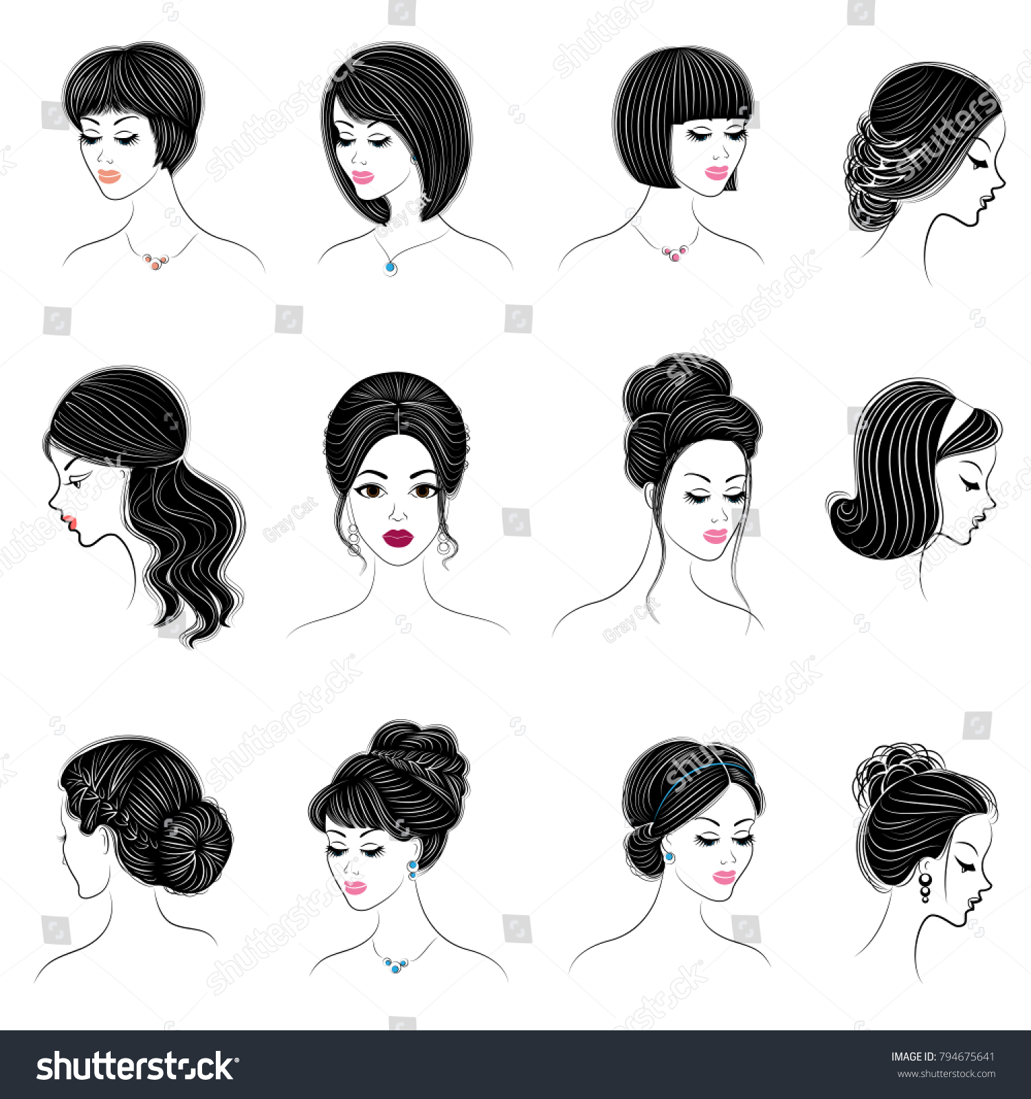 Collection Silhouettes Head Lovely Ladies Girls Stock Vector