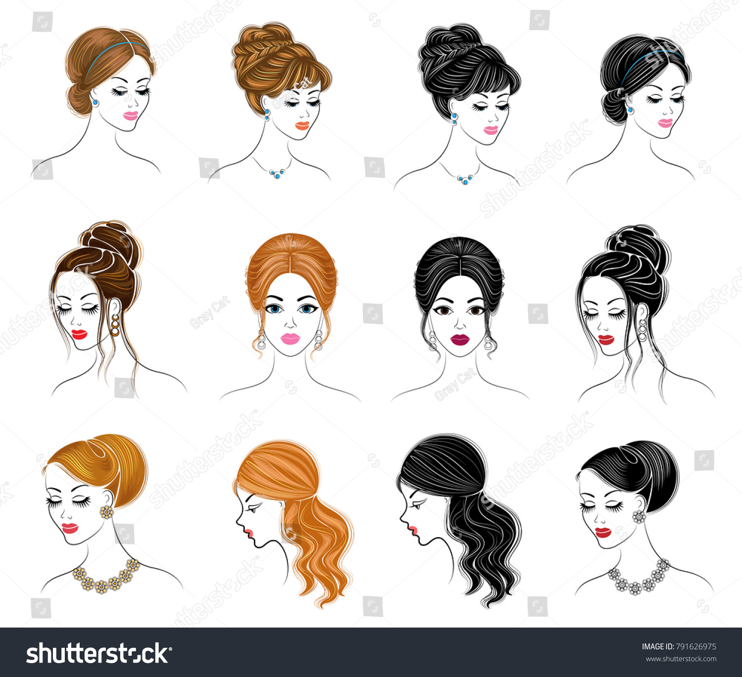 Collection Silhouettes Head Lady Girls Show Stock Vector
