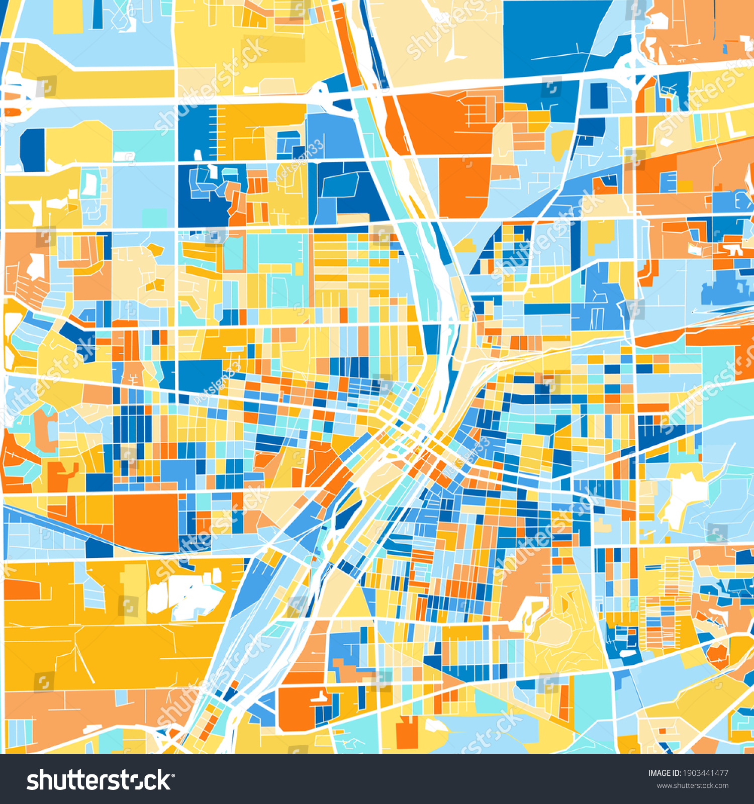 SVG of Color art map of  Aurora, Illinois, UnitedStates in blues and oranges. The color gradations in Aurora   map follow a random pattern. svg