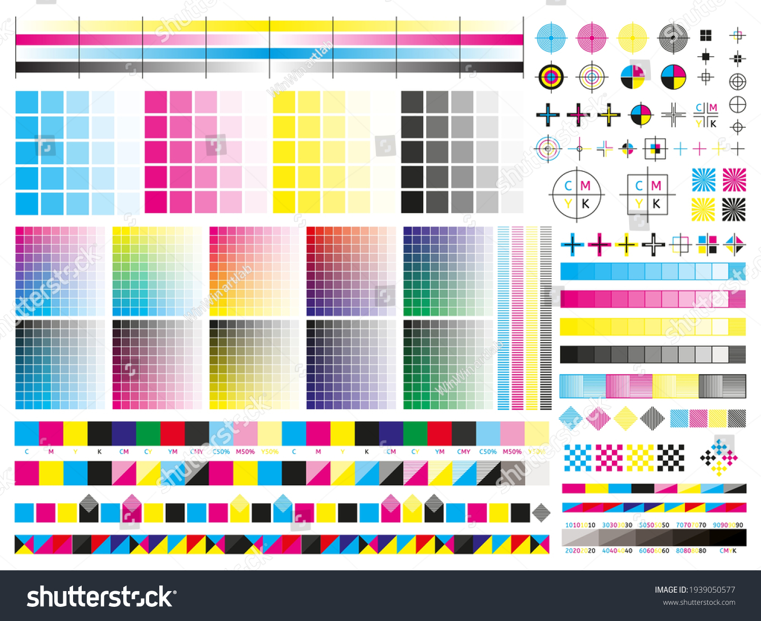 SVG of Color cmyk management elements. Offset print registration plates, gradient, cmyk color mixing panel. Printing control marks vector illustration set svg