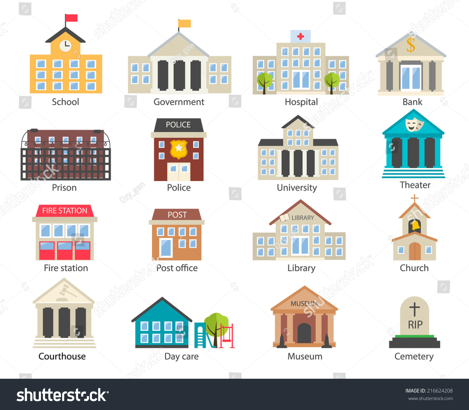 color government buildings icons set flat のベクター画像素材