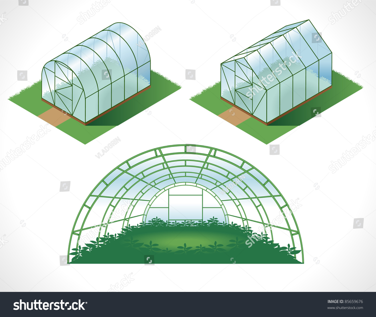 SVG of color picture of different greenhouses. drawing in the isometry svg
