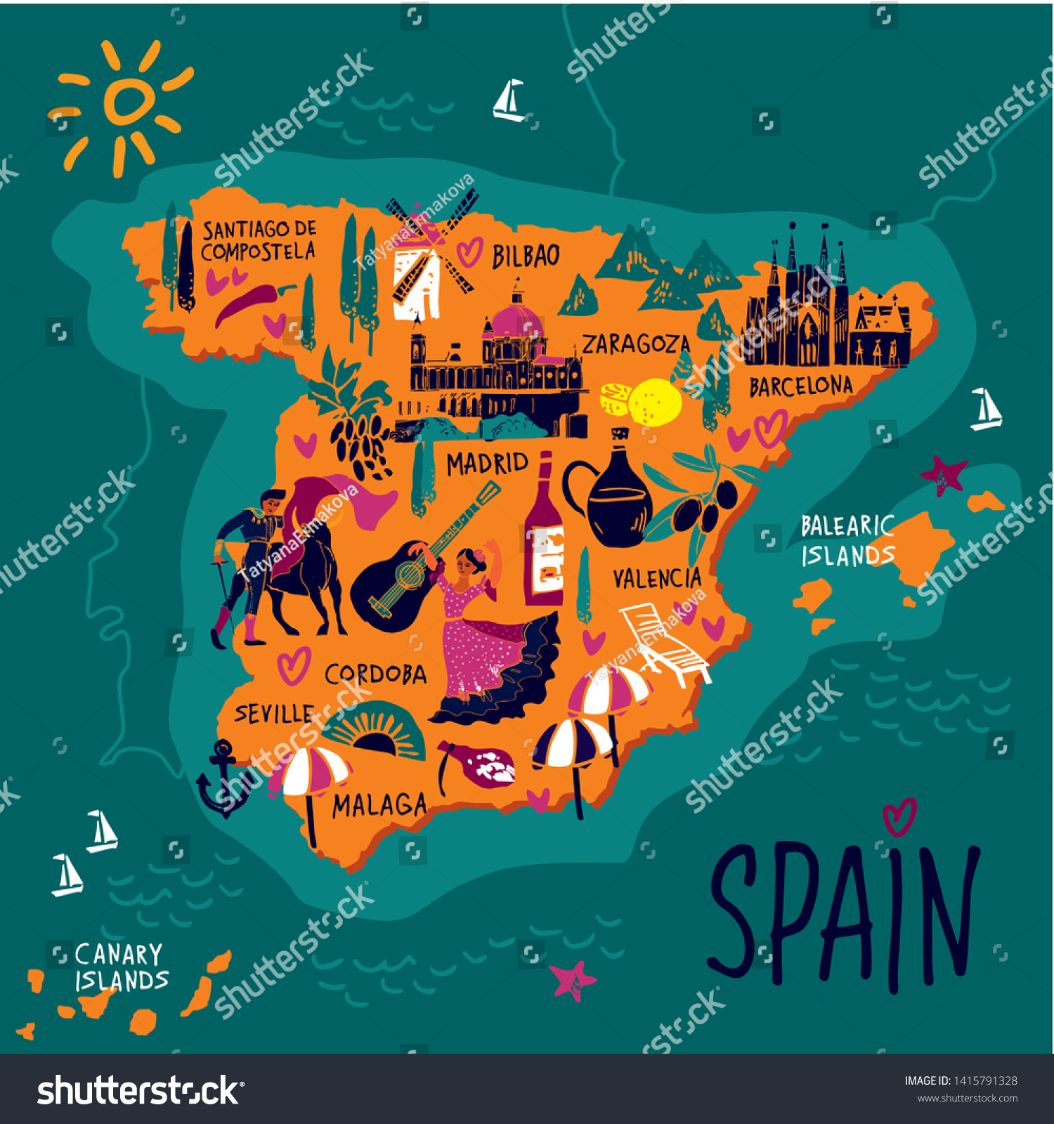 スペインの色のベクター画像スタイル化地図 観光ガイドやポスターに使うスペインの目印 人 食べ物 植物を手描きで描いた旅行イラスト ベクターイラスト のベクター画像素材 ロイヤリティフリー 1415791328