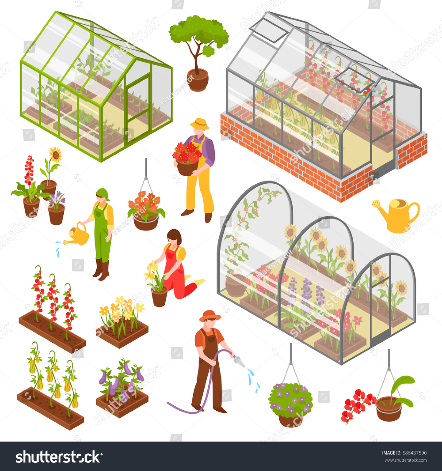 SVG of Colored and isolated isometric 3d greenhouse icon set with seedling and care of plants vector illustration svg