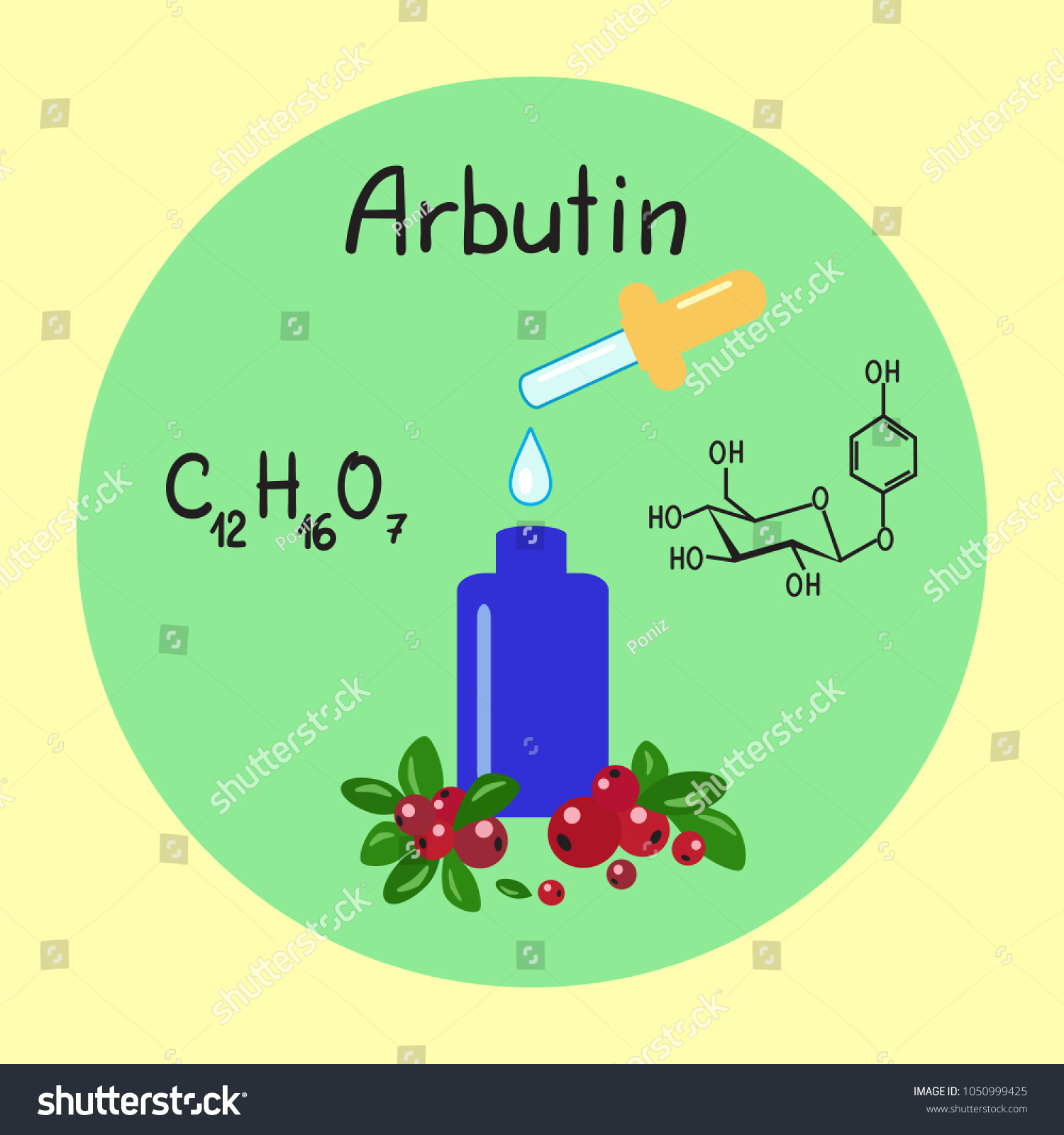 SVG of Colored bottle of cream with the arbutin. The berries of bearberry and cowberry. Chemical formula and graphical scheme of arbutin. Print for labels, advertising, price tag, brochure, booklet svg