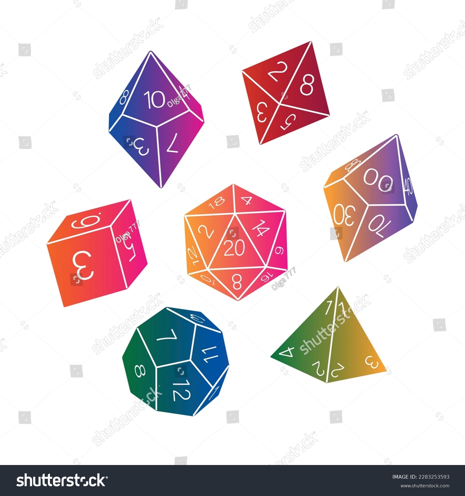 SVG of Colored collection of dice on a white background, hand drawn. D8 D10 D12 D20 Board game dice, RPG dice set for board games vector svg