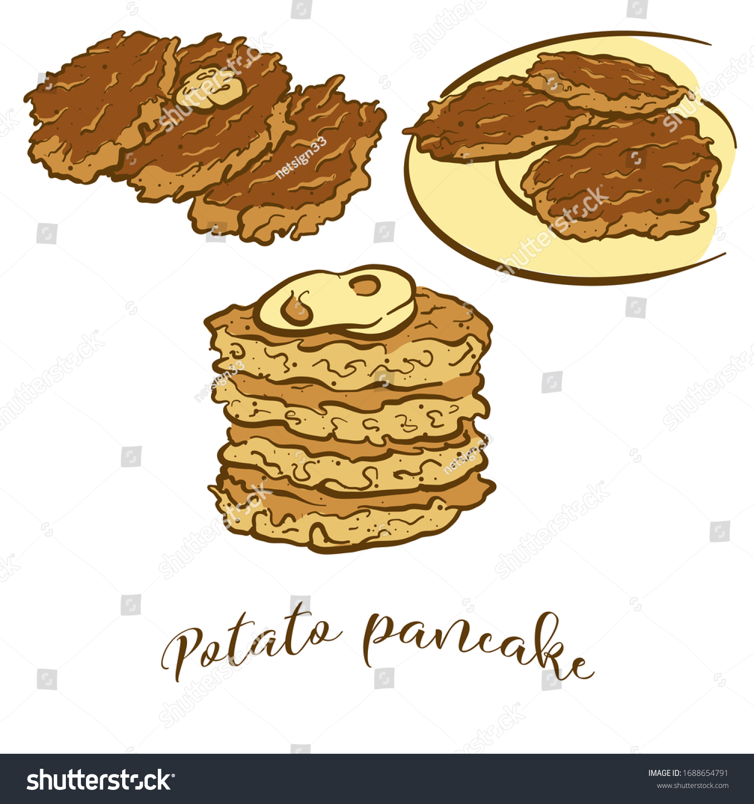 SVG of Colored drawing of Potato pancake bread. Vector illustration of Pancake food, usually known in Slovakia, Germany. Colored Bread sketches. svg