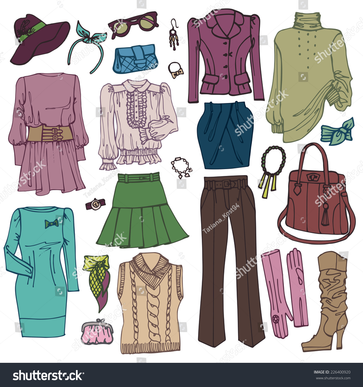 Colored Fashionable Woman Clothing And Accessories Set On Sketchy Style ...