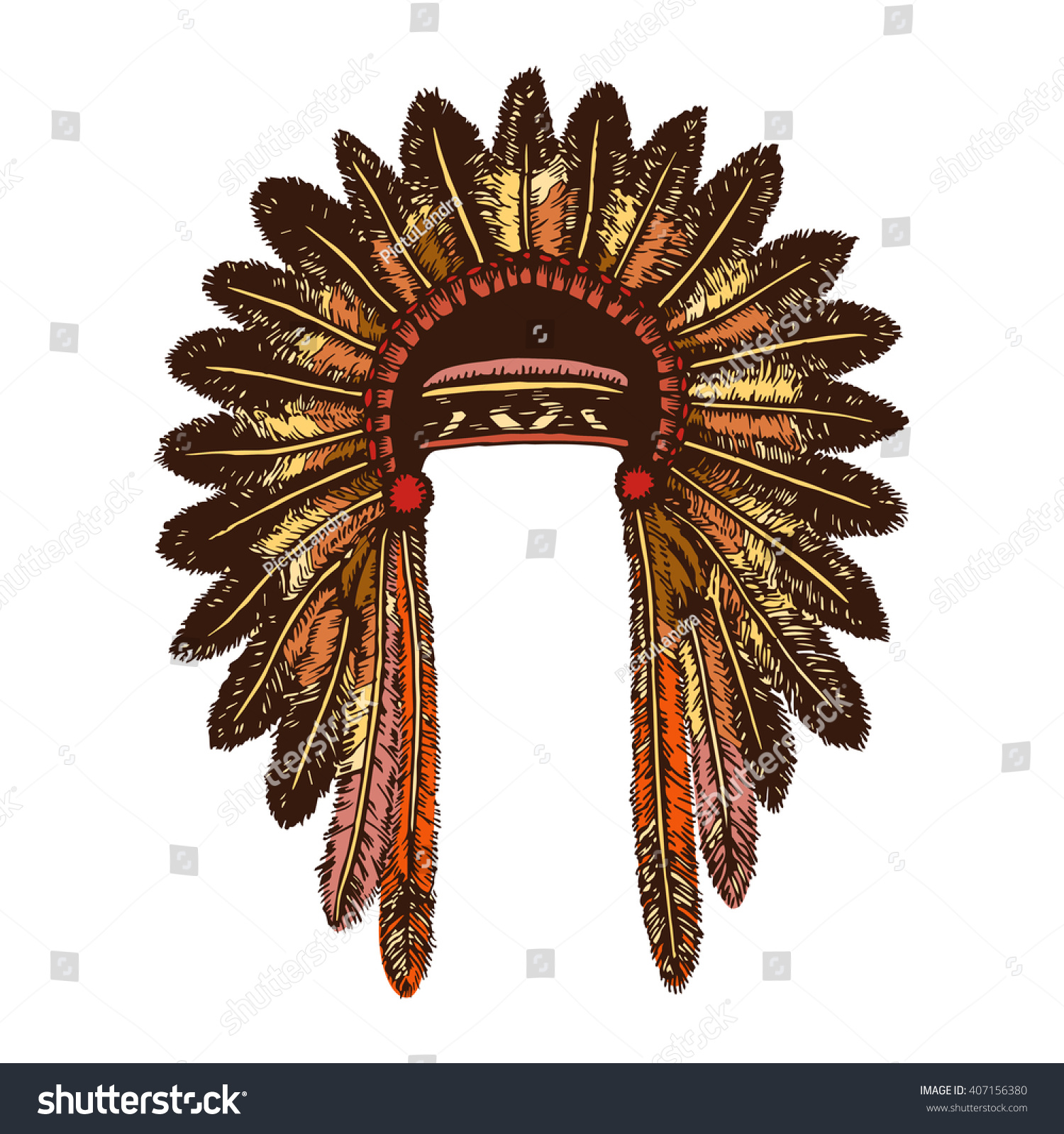 Colored Hand Drawing Ink Traditional Indian Headdress. Elements In ...