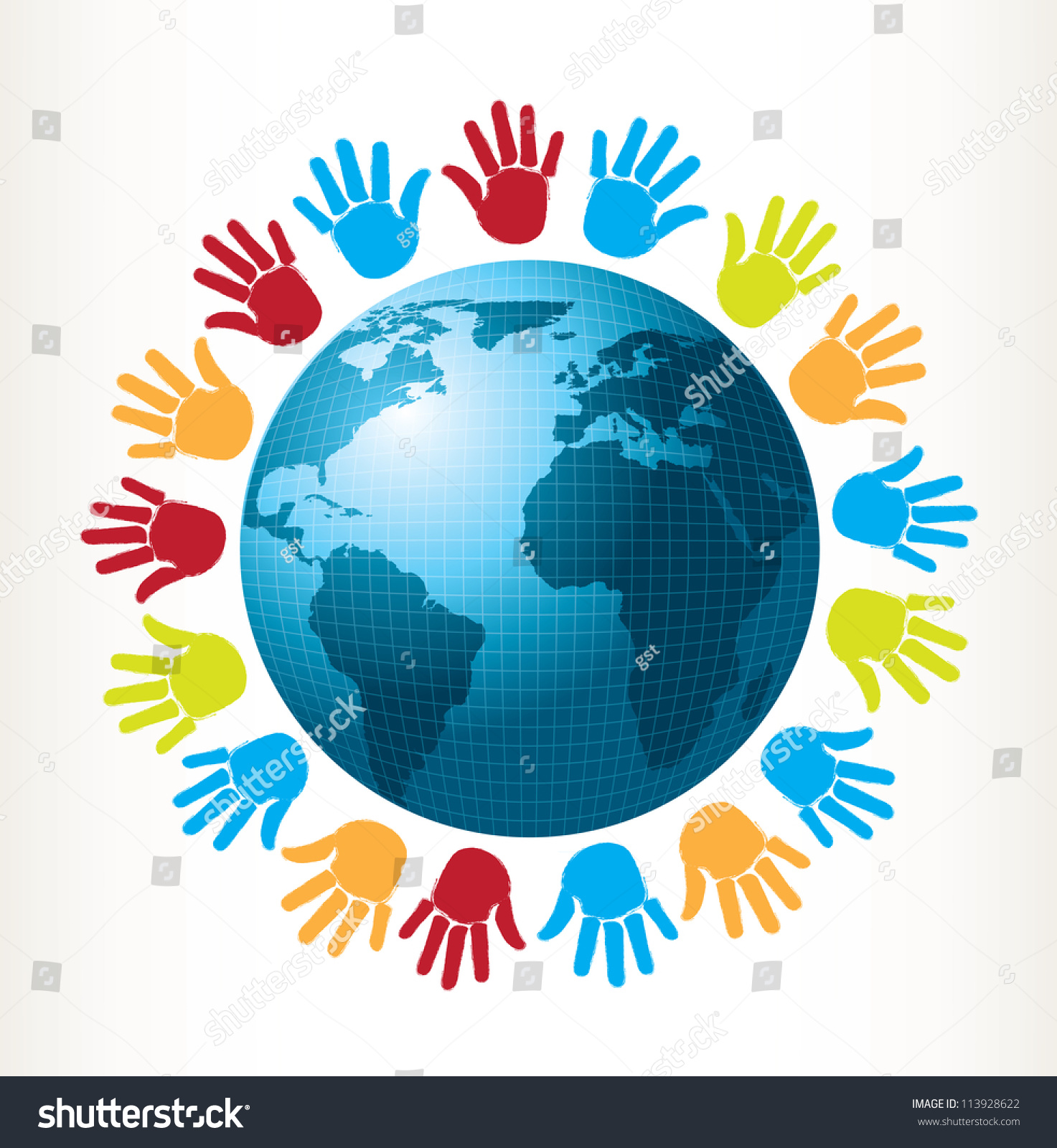 Colored Hands Around World Over White Stock Vector (royalty Free) 113928622