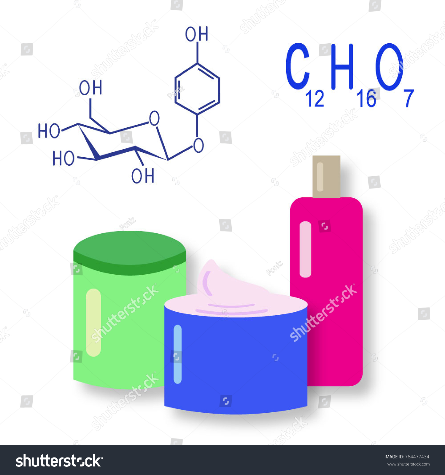 SVG of Colored jars and bottles of cream with arbutin. Chemical formula and graphical scheme of arbutin. Vector isolated svg