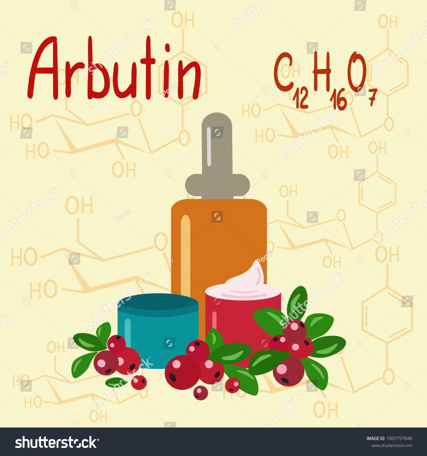 SVG of Colored jars and bottles of cream with the arbutin. The berries of bearberry and cowberry. Chemical formula and graphical scheme of arbutin. Vector  svg