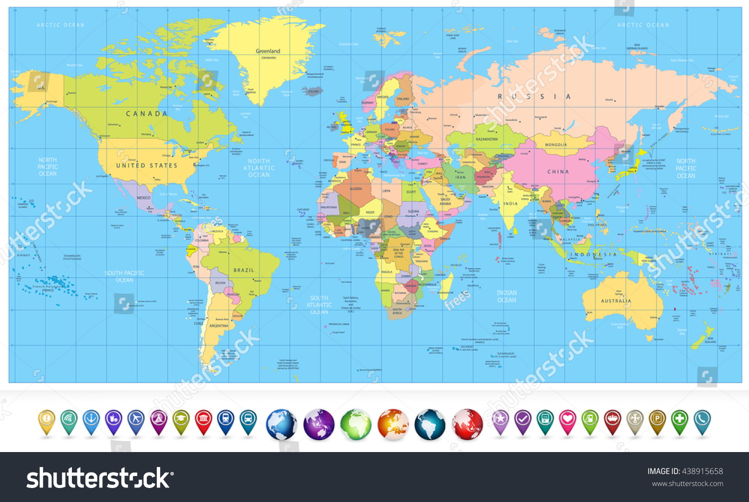 Colored Political World Map 3d Globes Vector De Stock Libre De Regalías 438915658 Shutterstock