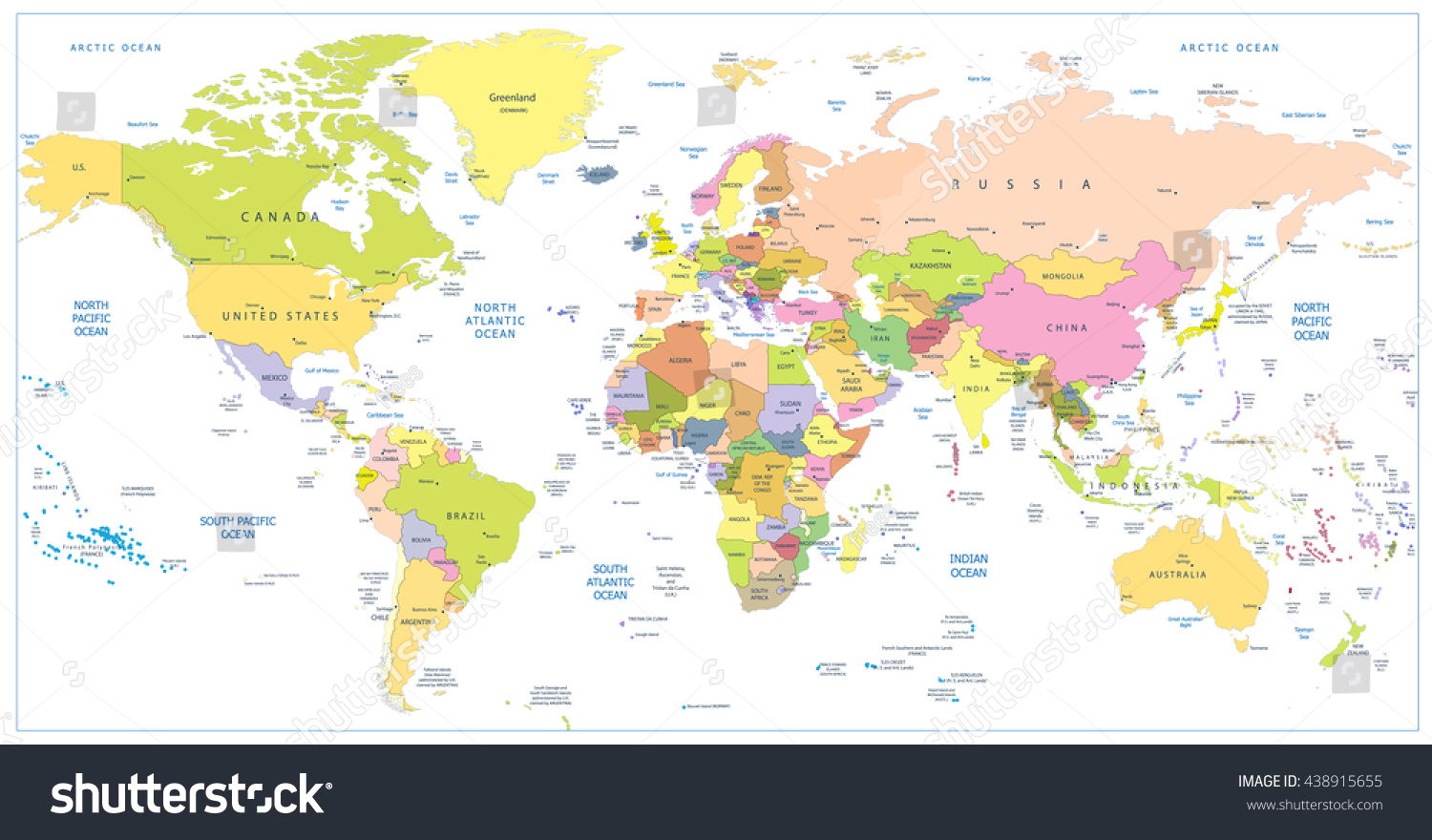 Colored Political World Map Isolated On Stock Vector Royalty Free
