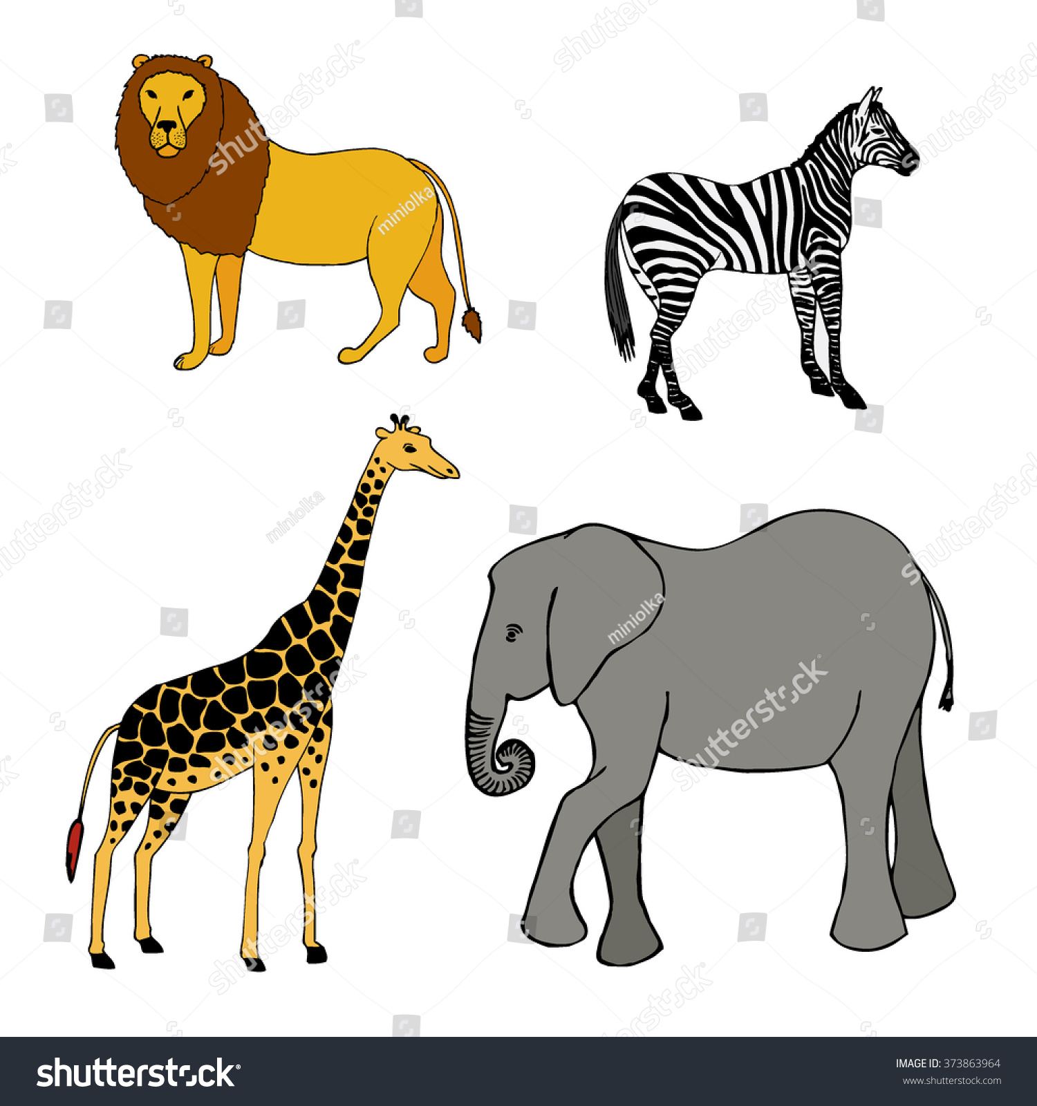 Colored Set Of African Animals: Lion, Giraffe, Zebra, Elephant. Hand ...