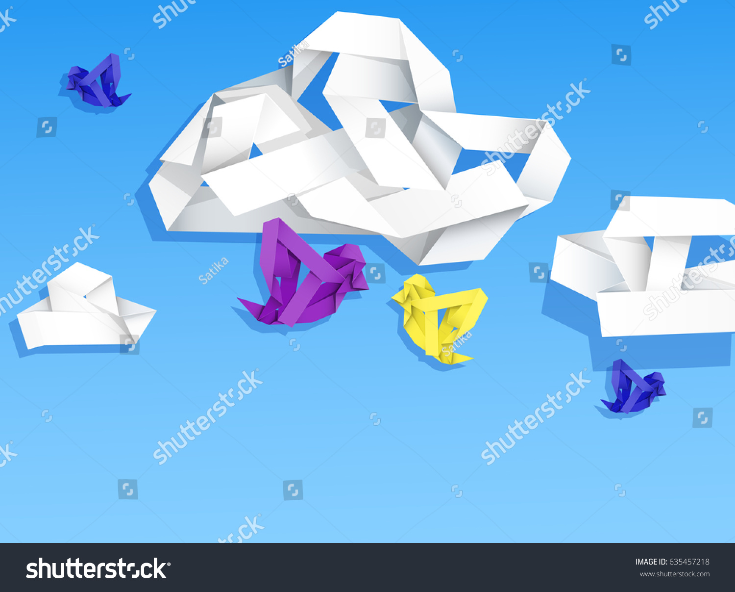 Colorful Birds Clouds Sky Made Crumpled Stock Vector