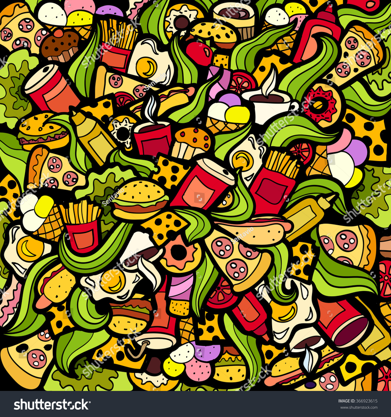 Colorful Bright Doodle Background Fastfood Theme Stock Vector