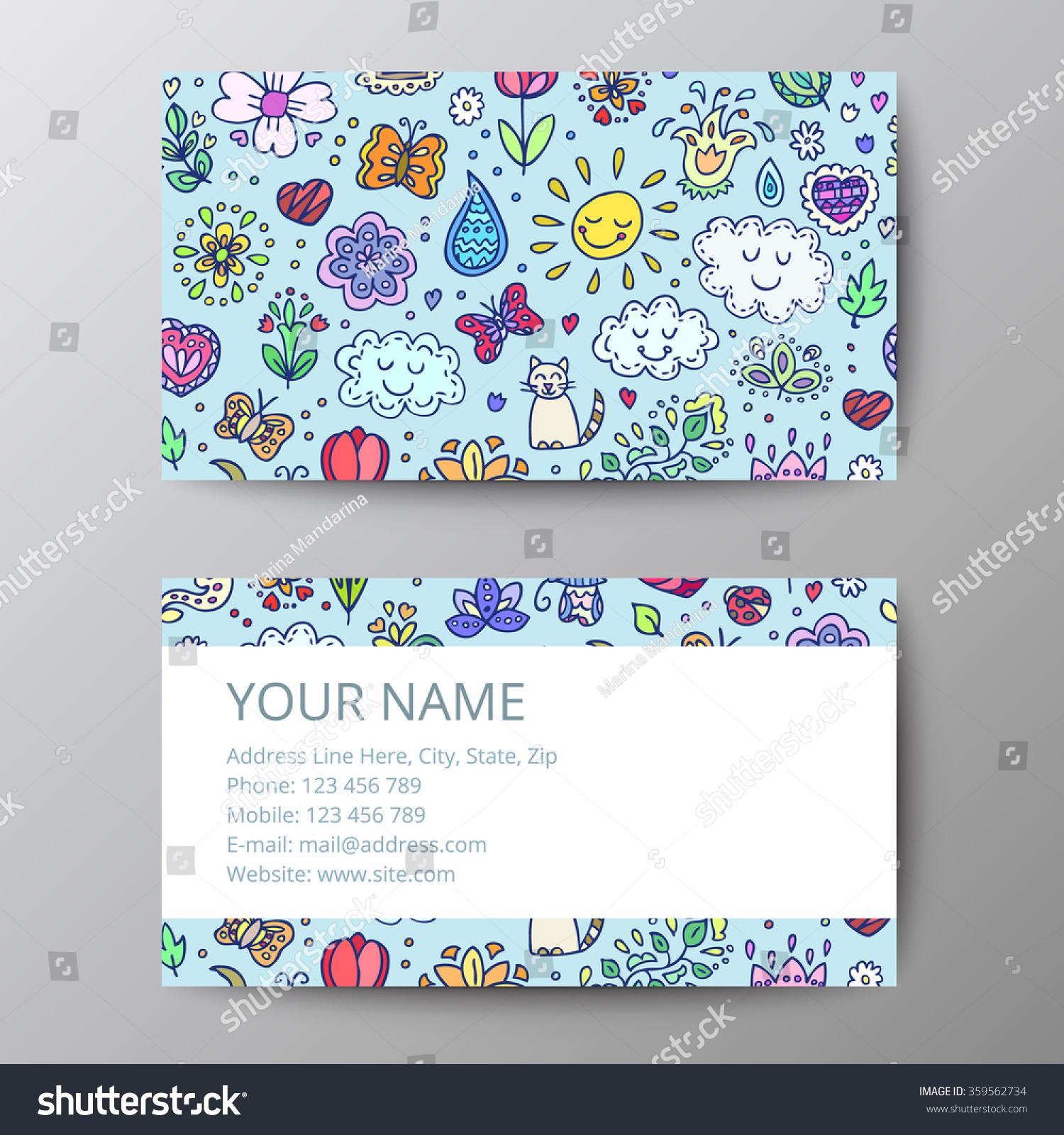 Colorful Business Card Template Spring Doodle Stock Vector Royalty