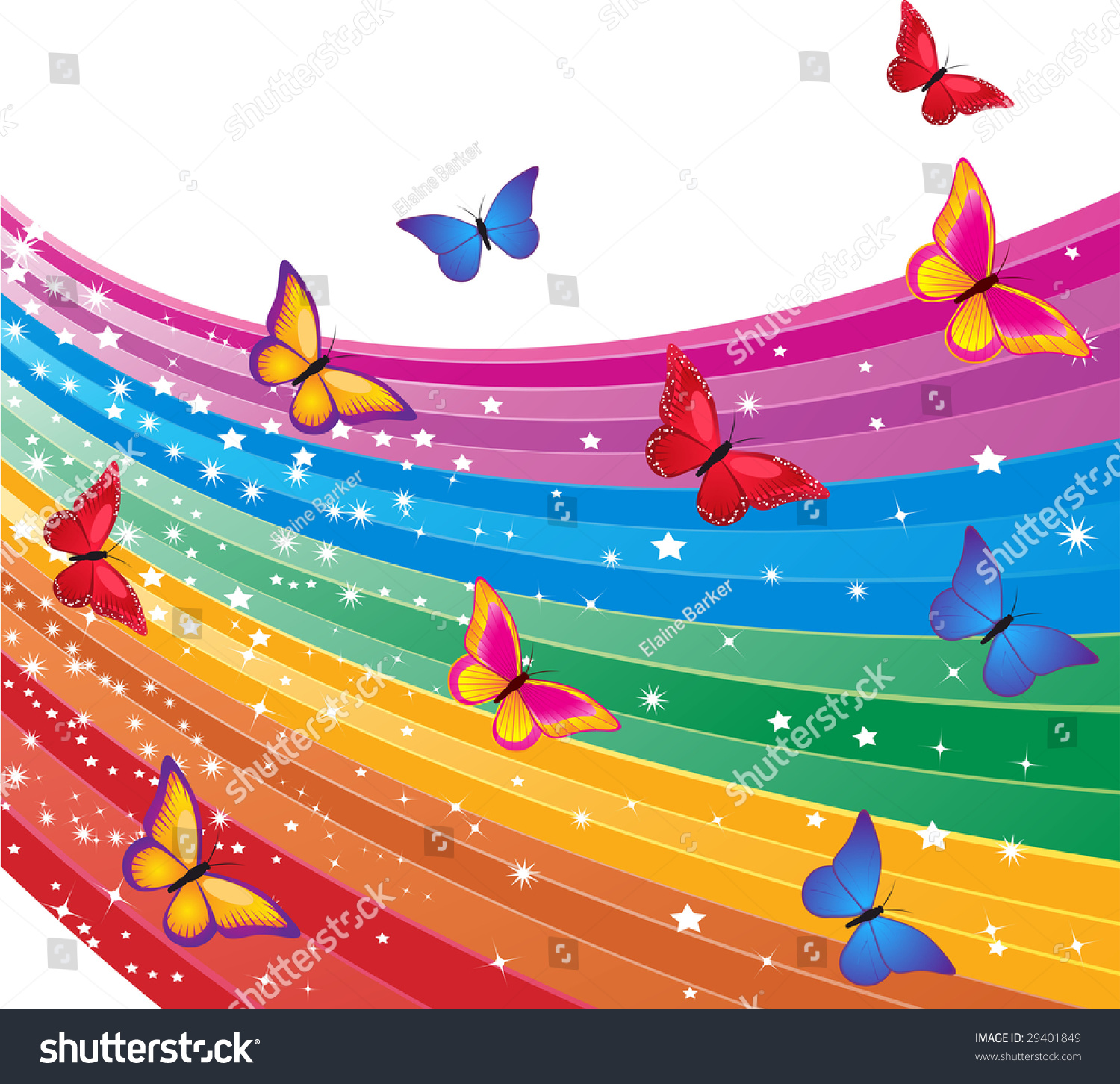 Colorful Butterflies On A Star Filled Rainbow Background Stock Vector ...