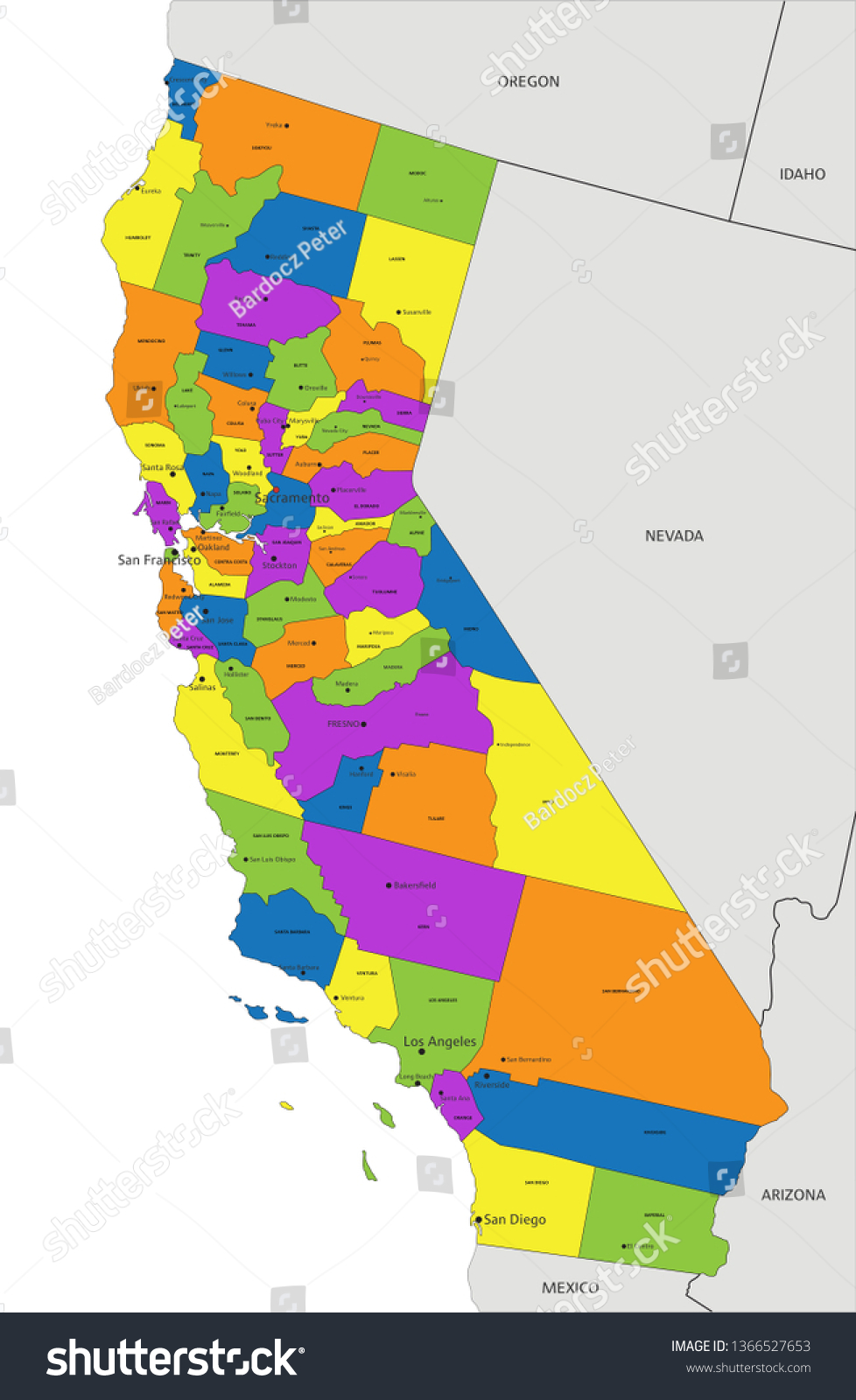 Colorful California Political Map Clearly Labeled Stock Vector (Royalty