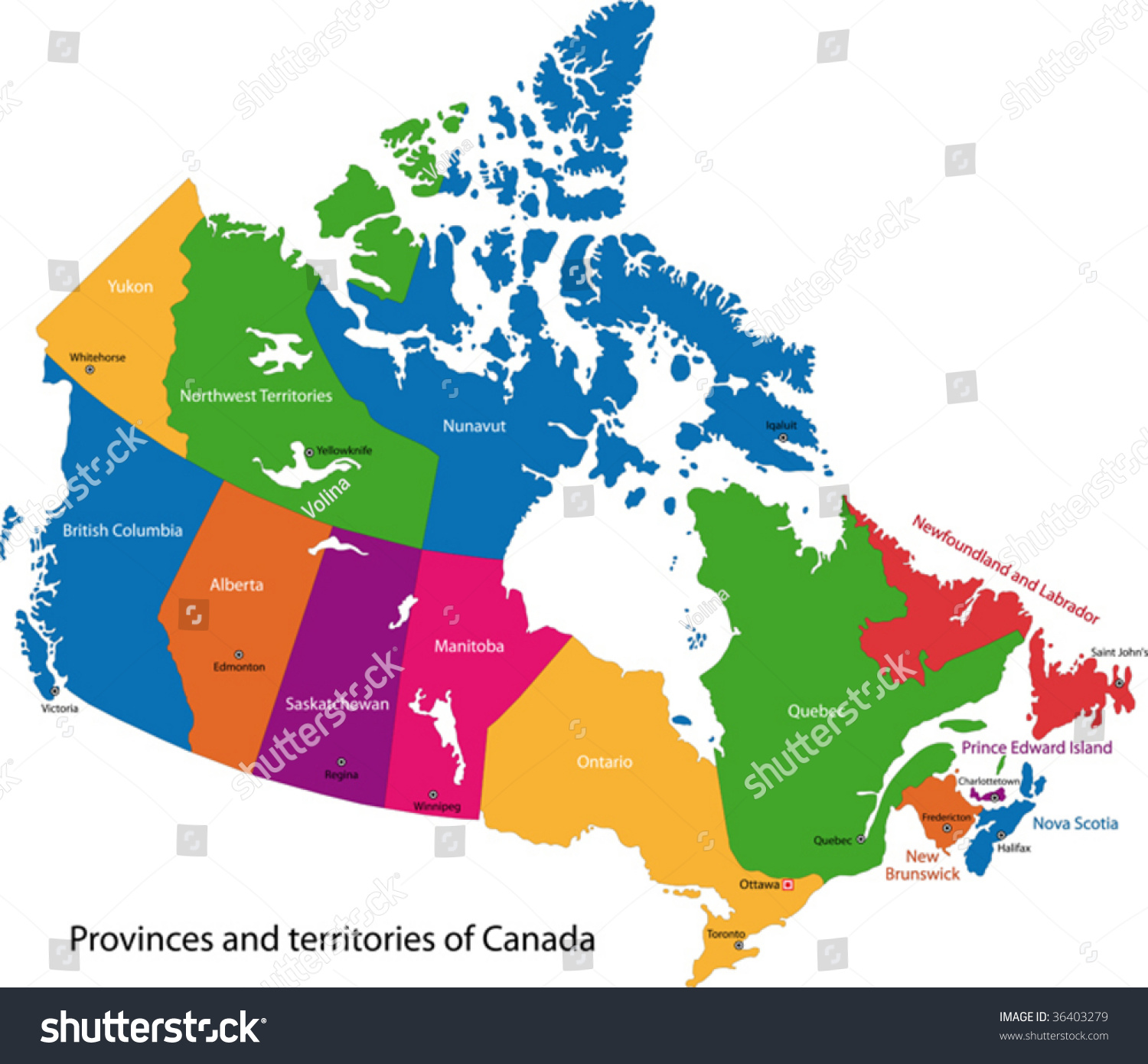 Colorful Canada Map Provinces Capital Cities Stock Vector Royalty